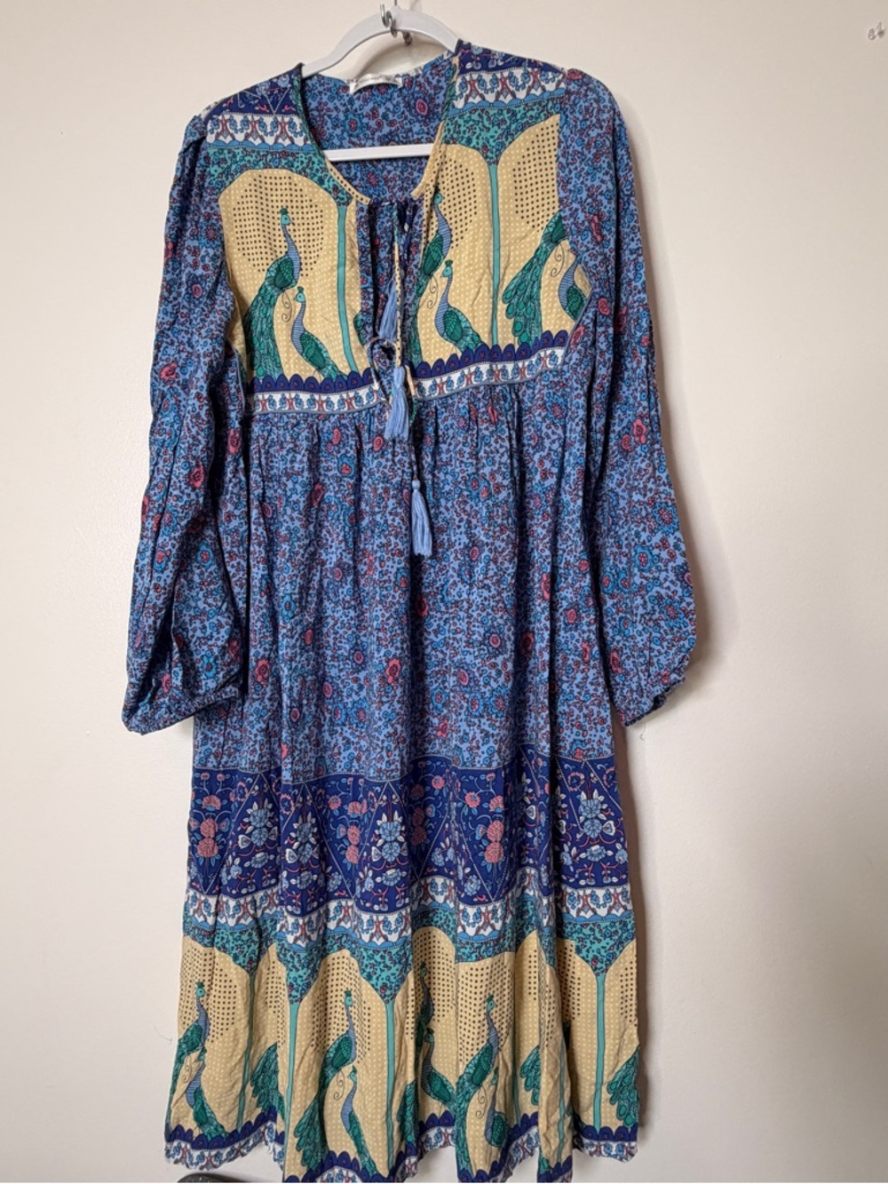 Women's Blue Peacock-Print Long Sleeve Boho Dress
